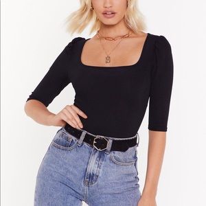 Nasty Gal Ribbed Square Neck Top w/ Puff Shoulders